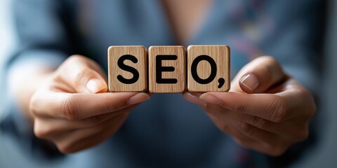 Close-up of hands holding wooden blocks spelling SEO, representing search engine optimization and digital marketing concepts.