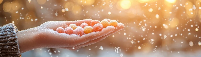 Fototapeta premium Hand Holding Colorful Snowy Snowballs in Winter Glow