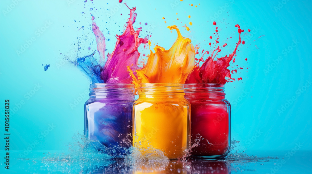 Poster three jars of paint are splashed with water, creating a colorful splash