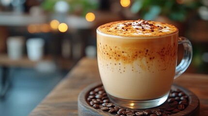 latte coffee served on a wooden table in a coffee shop cafe