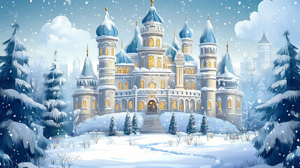 Magical fairy tale castle in winter forest at christmas. Russian Winter Palace. Illustration