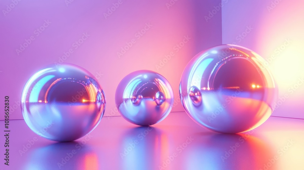 Poster 3d render of metallic objects floating over a minimal gradient background, sharp lighting, clean and
