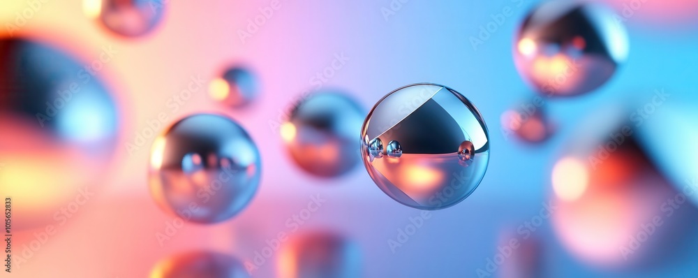 Poster 3d render of metallic objects floating over a minimal gradient background, sharp lighting, clean and