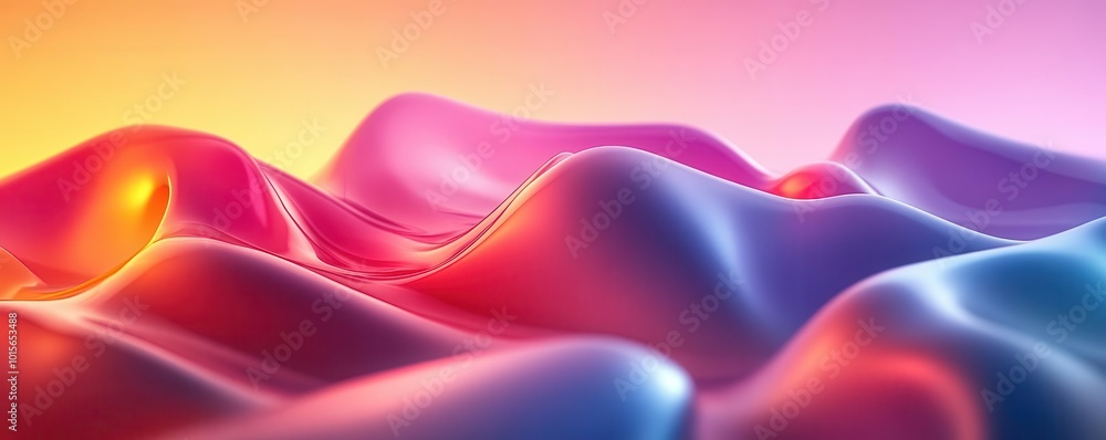 Poster colorful gradient background with 3d render of flowing shapes, dynamic lighting, smooth surfaces, vi