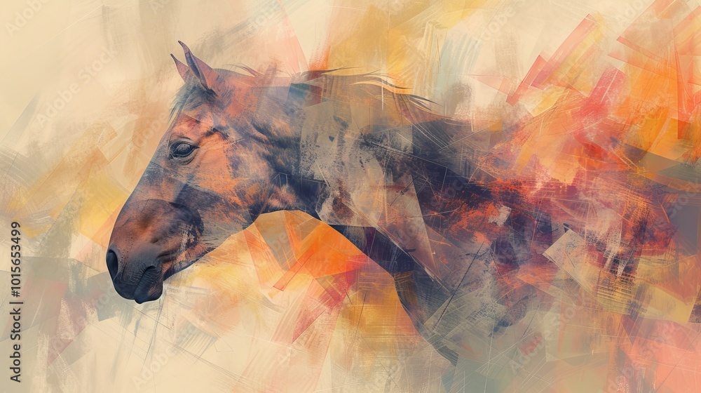 Aufkleber an abstract portrait of a horse featuring textured brush strokes in vibrant hues, creating a dynamic