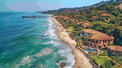 Aerial view shows homes along the coastline, with a pier extending into the ocean in the distance.