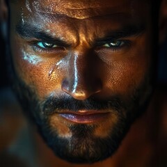 Confident individual making direct eye contact, bright lighting, body language showing power and control, intense gaze, ultra-realistic facial detail