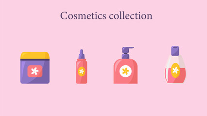A row of cosmetics with a pink background