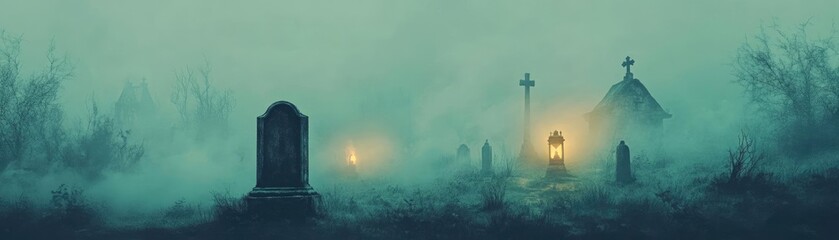 Obraz premium A mysterious graveyard shrouded in fog, with dim lights illuminating the tombstones and a haunting atmosphere.