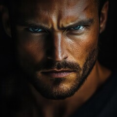 Fototapeta premium Confident person making strong eye contact, sharp lighting, body language showing power and assertiveness, intense gaze, ultra-realistic detail of posture