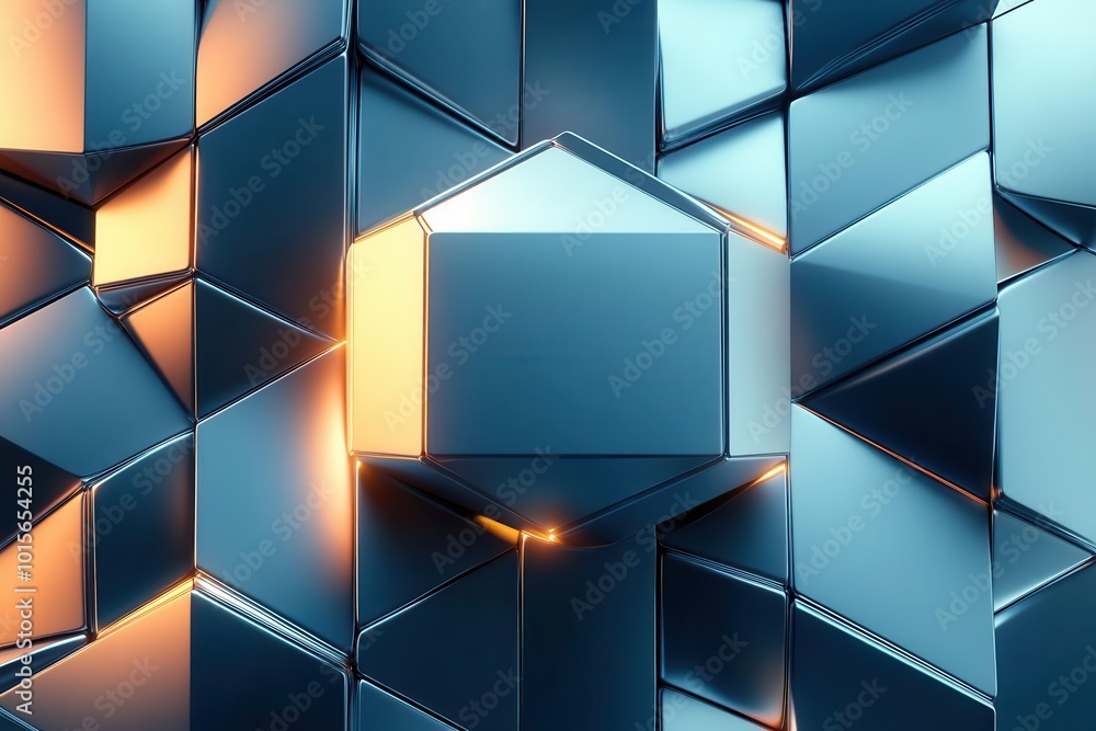 Poster geometric background pattern with 3d render of a metallic cube, sharp lighting, clean lines, futuris