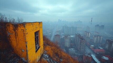 Air pollution hangs over a sprawling city, illustrating the environmental impact of industrialization and urbanization.