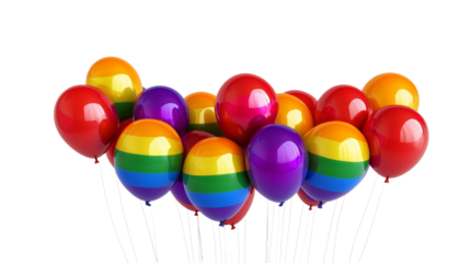 Vibrant rainbow balloons floating, symbolizing celebration and diversity. Ideal for festive events, pride gatherings, and joyful occasions.