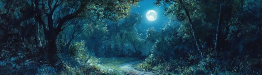 Obraz premium A serene moonlit forest path, illuminated by the glowing moon, surrounded by lush trees and tranquil nature.