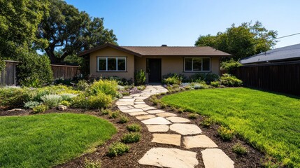 Fototapeta premium Charming Home with Inviting Stone Pathway and Lush Garden Landscape