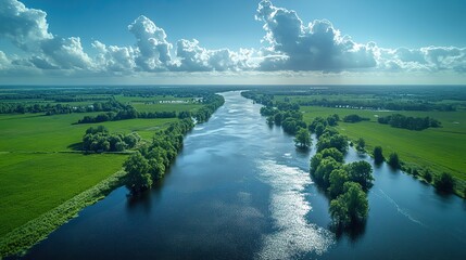 An abstract aerial view of flooded farmland during summer showcases reflections of the sky on the floodplains of River Maas in the Netherlands.