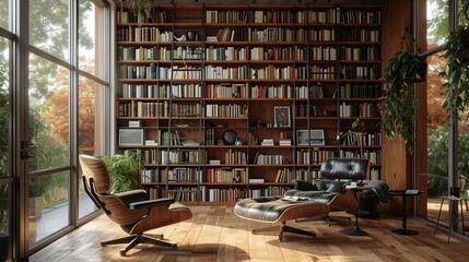 Obraz premium A living space with floor-to-ceiling shelves, a comfy reading nook, and a sleek luxury sofa.