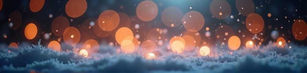 Naklejka premium Ultrawide, Christmas background with snowflakes and bokeh lights, for banners, websites, promotions, wide designs.