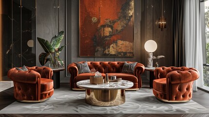 A magnificent modern living area including a marble coffee table, chrome elements, and velvet furnishings.