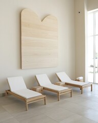 Modern Wellness Center with Heart-Shaped Art and Relaxing Loungers in Serene, Minimalist Space