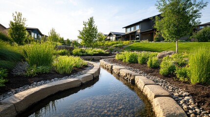 Fototapeta premium Serene Landscape Design A Tranquil Stream Flowing Through Lush Gardens in a Modern Residential Area