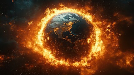 An abstract planet Earth, focused on Europe, surrounded by flames, symbolizes the concept of war and environmental destruction.