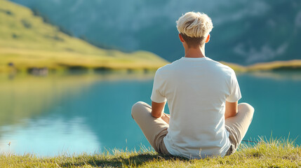 Fototapeta premium A person sits quietly by a peaceful lake on a calm Sunday afternoon, reflecting and enjoying the beauty of nature. The serenity of the outdoor escape of a tranquil moment of relaxation and solitude.
