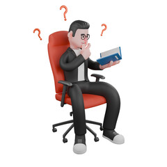 Publishing Expert in 3D. A male editor sits in a geming chair holding a book in his right hand and his left hand holding his chin, as if he is thinking. Cartoon Editor