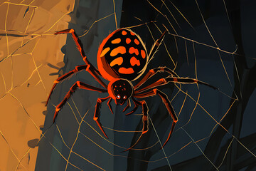 A vibrant illustration of a spider in its web, showcasing its striking colors and details.
