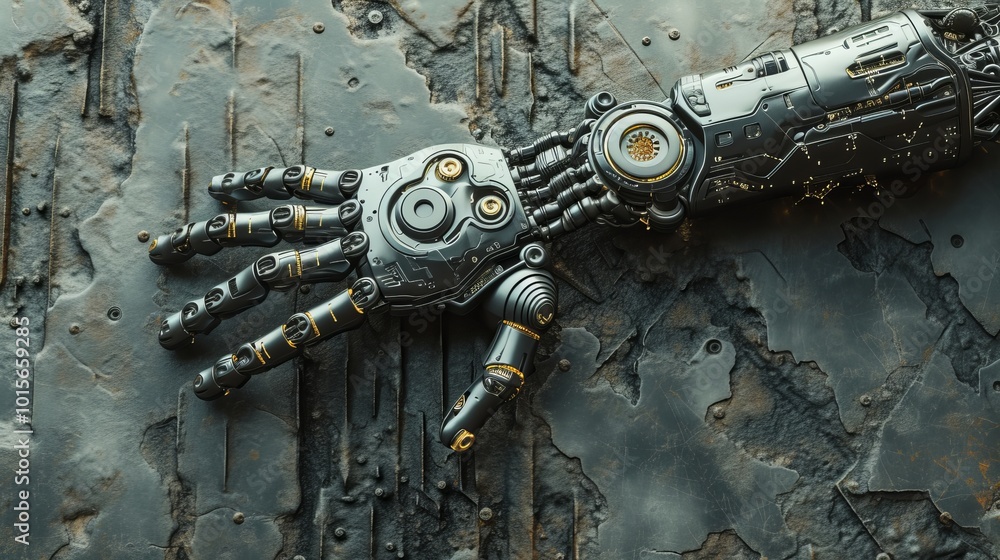 Poster a close-up of a robotic arm resting on a rugged surface, highlighting the intricate details of its m