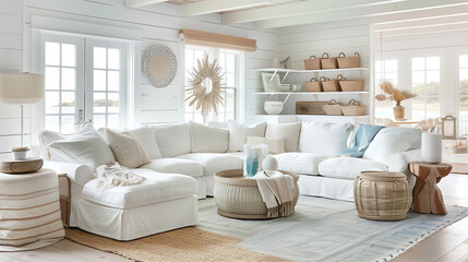 Fototapeta premium Bright coastal living room featuring a white slipcovered sofa and ocean-inspired decor. interior design concept 