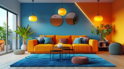 a contemporary living area including eye-catching lighting fixtures, eccentric furniture, and a bold color scheme.