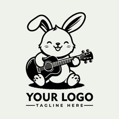 Smiling rabbit playing guitar with a happy expression suitable for childrens books, musicrelated designs, greeting cards, and springthemed products.