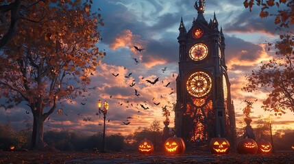 A haunted clock tower silhouetted against an autumn sunset, surrounded by carved pumpkins and flying bats, creating an eerie atmosphere.