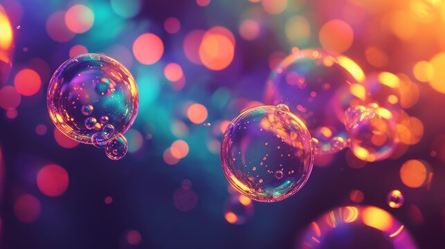 Floating transparent bubbles shimmer against a backdrop of vibrant bokeh lights. The glowing orbs and radiant colors create a magical, playful atmosphere, perfect for abstract designs or festive