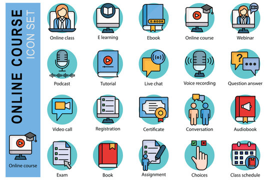 Online course icon set. colored outline icon style. icon related to online learning. online class, e learning, tutorial, and more. education element vector illustration