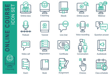 Online course icon set. line icon style. icon related to online learning. online class, e learning, tutorial, and more. education element vector illustration