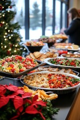 Fototapeta premium Holiday potluck lunch with various dishes brought by employees. Everyone is sharing and enjoying the meal, Generative AI