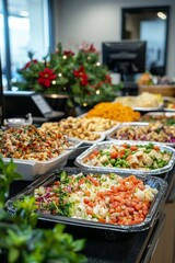 Holiday potluck lunch with various dishes brought by employees. Everyone is sharing and enjoying the meal, Generative AI