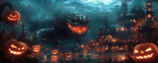A spooky underwater scene featuring glowing pumpkins and a monstrous creature lurking in a haunted setting.