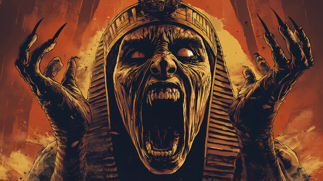Mummy is so angry in war cry expression. Undead Pharaoh. Illustration