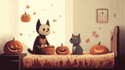 A cheerful animated cat character carves pumpkins with a playful gray cat companion.