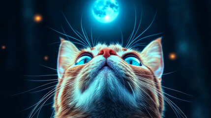 Naklejka premium A ginger tabby cat with piercing blue eyes stares up at the moon in wonder.
