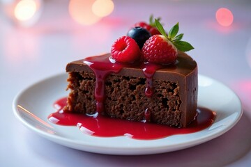 Decadent chocolate cake topped with berry sauce and fresh berries, ideal for satisfying your sweet tooth and dessert cravings. 