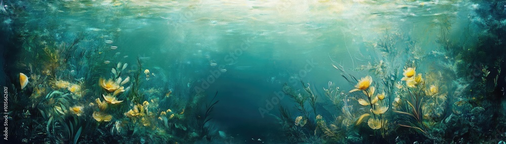 Poster a tranquil underwater scene featuring vibrant aquatic plants and soft light filtering through clear 