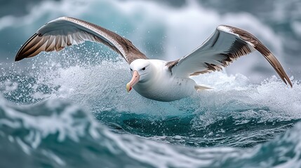 An albatross glides effortlessly over the ocean waves, its wings spread wide as it rides the wind currents of the Pacific.