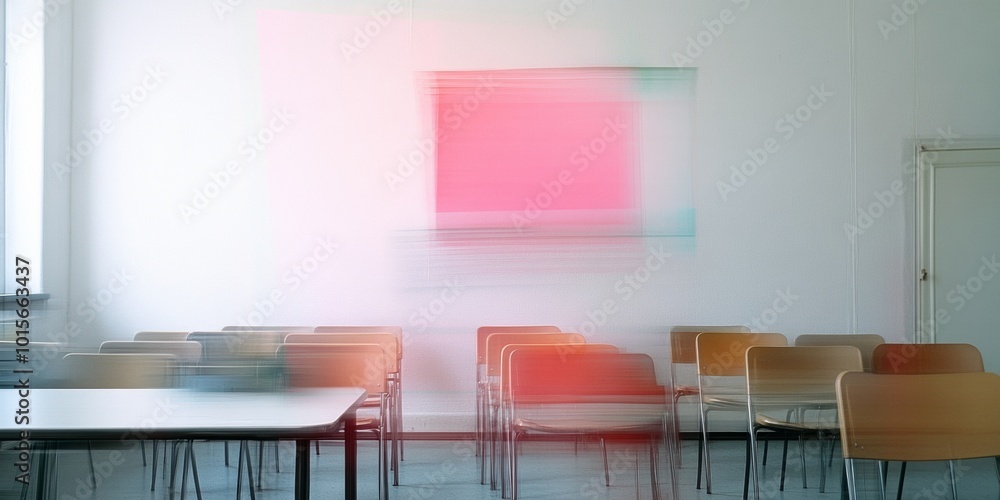 Poster abstract glitch art in modern classroom setting with digital distortion and pixel noise