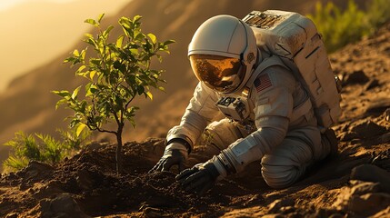 An astronaut plants a tree on Mars, symbolizing humanity’s hope for future planetary colonization and environmental sustainability beyond Earth.