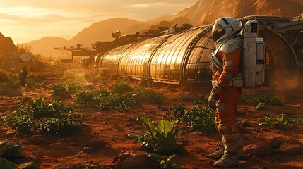An astronaut stands in a Martian field with a greenhouse behind, symbolizing efforts to sustain life and build infrastructure in extraterrestrial environments.