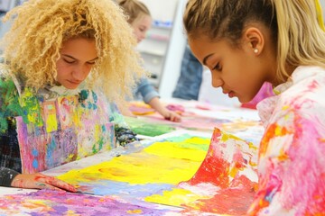 Creative High School Art Club with Diverse Teenagers Collaborative Painting